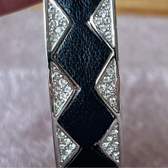 House of Harlow Sunburst Pave Rhinestones Bangle Bracelet Black Leather inlay - Picture 7 of 9